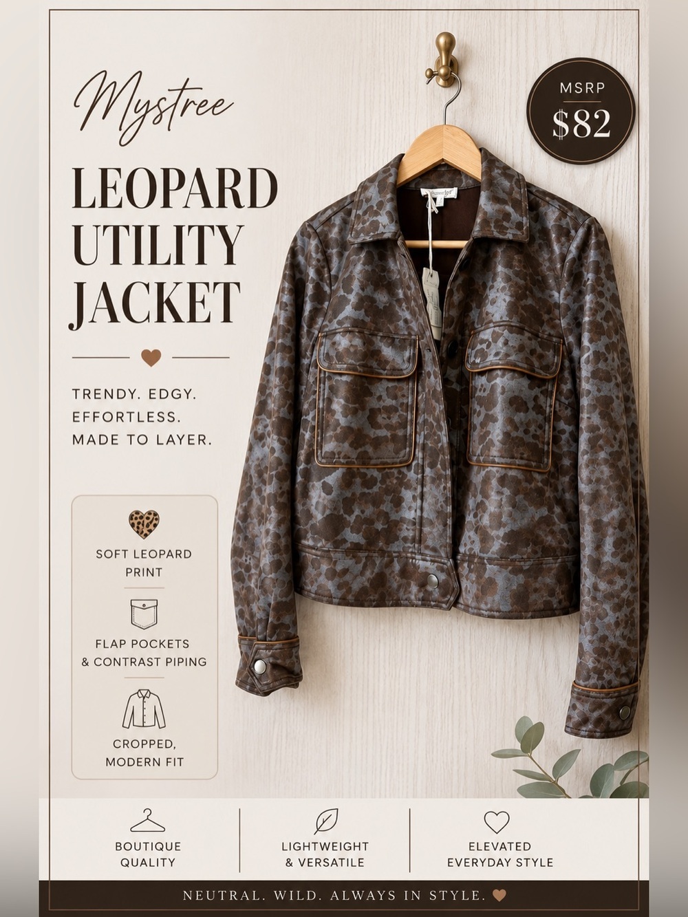 Mystree Brown Leopard Print Utility Jacket Size Small NWT